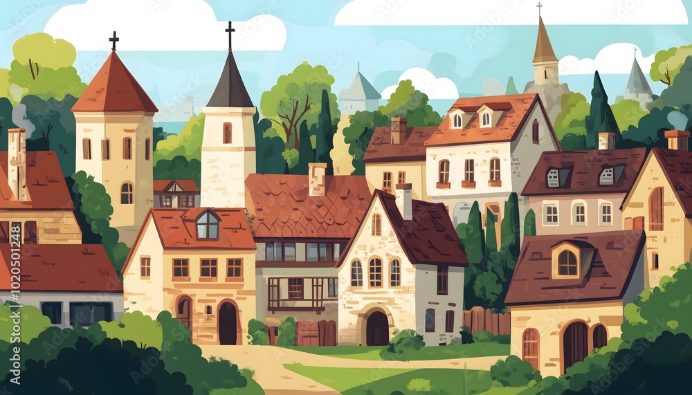 An illustration of a european town from the middle ages