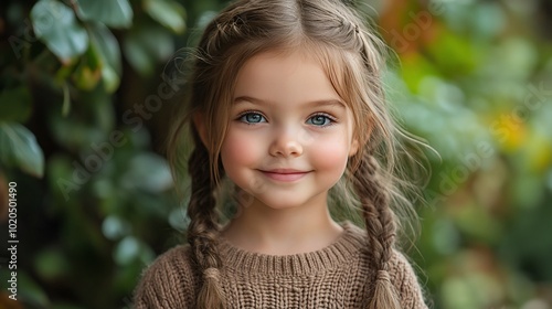 A young girl with blue eyes and braids smiles sweetly at the camera.