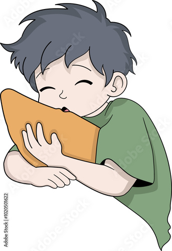 Cute Child Hugging A Large Slice Of Cake With A Sleepy Expression