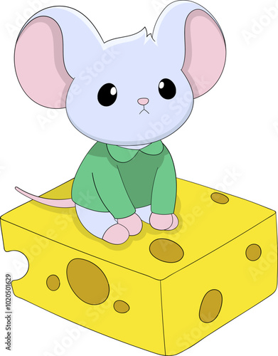 cute mouse is sitting out from big cheese flakes to eat