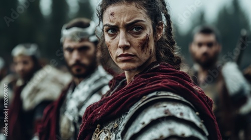 A determined female warrior with dirt and scars dons red and metallic armor, standing strong during a confrontation amid a forest with fellow combatants around her.