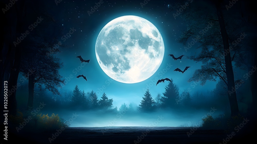Nocturnal Forest Clearing Illuminated by Full Moon with Bats Emerging from the Canopy Nocturnal Forest Clearing Illuminated by Full Moon with Bats Emerging from the Canopy