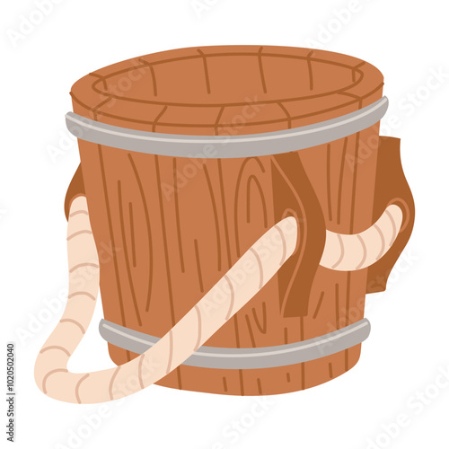 A flat illustration of a wooden barrel with a rope for a bath. Wooden water vats, rustic baths, wooden basin, handmade round barrel for washing, sauna, spa or wine storage bowls, neat vector. steamer