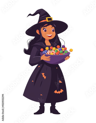 Cute Halloween Witch with Candy Bowl Illustration on Transparent Background - Ideal for Holiday Designs and Overlays