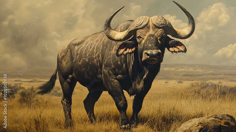 A powerful buffalo stands in a golden grassland under a dramatic sky. A powerful buffalo stands in a golden grassland under a dramatic sky.