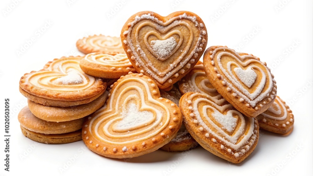 Flat crispy puff pastry cookies and heart shaped gingerbreads on white background Flat crispy puff pastry cookies and heart shaped gingerbreads on white background