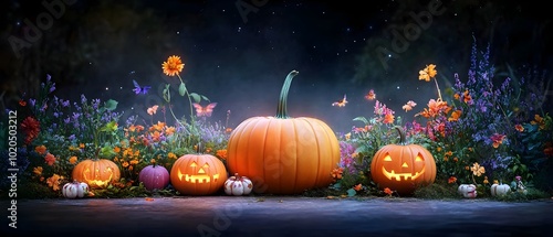 Enchanting Display of Elaborately Carved Whimsical Pumpkins in Lush Garden Landscape photo