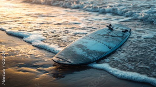Sleek Kitesurfing Board on Wet Sand by the Shore