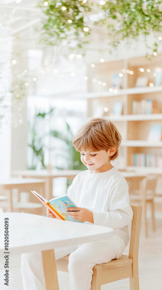 child reading book in bright, minimalistic learning space, radiating joy child reading book in bright, minimalistic learning space, radiating joy