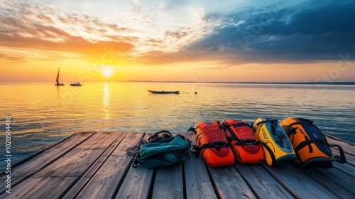 Kitesurfing Gear on Wooden Pier at Sunset