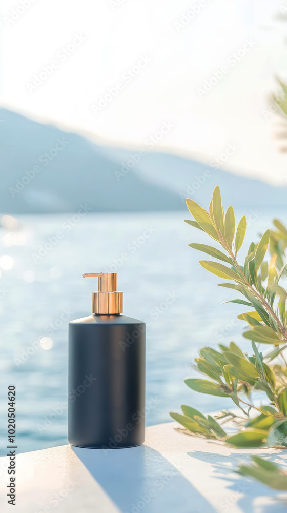 Luxurious black bottle with pump near water and greenery, evoking tranquility Luxurious black bottle with pump near water and greenery, evoking tranquility