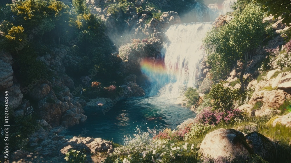 Obraz premium A serene waterfall scene with a rainbow, surrounded by lush greenery and vibrant flowers.