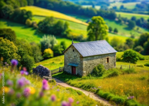 Discover a charming stone barn perched on a hill, captured through scenic tilt-shift photography, perfect for nature lovers who appreciate breathtaking landscapes.