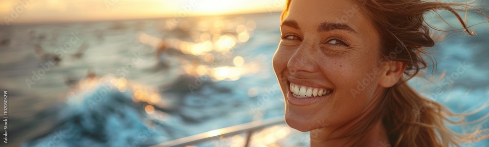 Obraz premium Smiling woman on a boat with waves in the background, enjoy summer'
