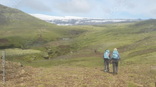 Hikers trekking through green valleys toward snow-capped mountains in Iceland