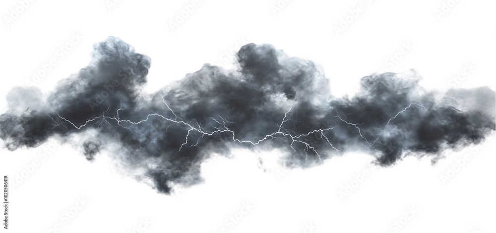 Black storm clouds with lightnings and smoke isolated transparent background Black storm clouds with lightnings and smoke isolated transparent background