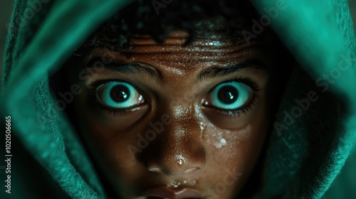 A young person looks intensely out from beneath a hood, eyes wide with intrigue, capturing an expression of curiosity in low light settings. photo