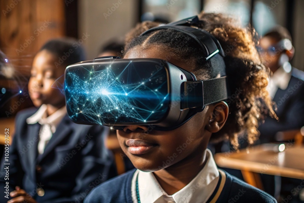 Close-up of a black African girl wearing virtual reality glasses. The child is in the classroom, with other students in the background. The digital interface is displayed in the headphones. Close-up of a black African girl wearing virtual reality glasses. The child is in the classroom, with other students in the background. The digital interface is displayed in the headphones.
