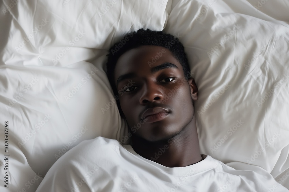 A Black man relaxing in bed during a calm afternoon with white bedding A Black man relaxing in bed during a calm afternoon with white bedding