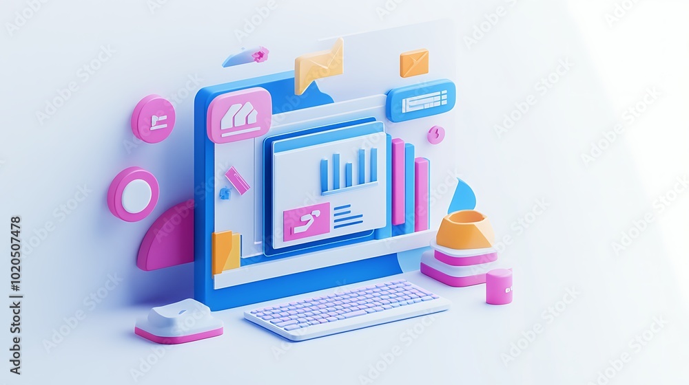 A 3D Illustration of a Desktop Computer with Colorful Icons and Accessories A 3D Illustration of a Desktop Computer with Colorful Icons and Accessories