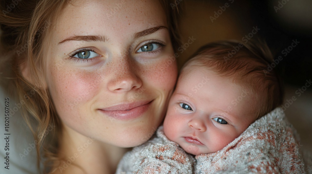 Portrait of a beautiful young woman, of Caucasian origin, blonde, hugging her newborn baby while smiling, photography Portrait of a beautiful young woman, of Caucasian origin, blonde, hugging her newborn baby while smiling, photography