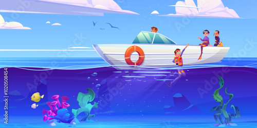 Diver snorkel in ocean for underwater treasure chest. Children swim to seabed with equipment in tropical adventure. Happy aquatic freediver snorkling in summer vacation. Boy dive under sea