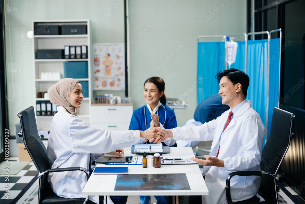Medical professionals in modern hospital collaborating on patient care, research, and diagnosis. Doctors and nurses in hijabs discussing treatment plans, lab Medical professionals in modern hospital collaborating on patient care, research, and diagnosis. Doctors and nurses in hijabs discussing treatment plans, lab