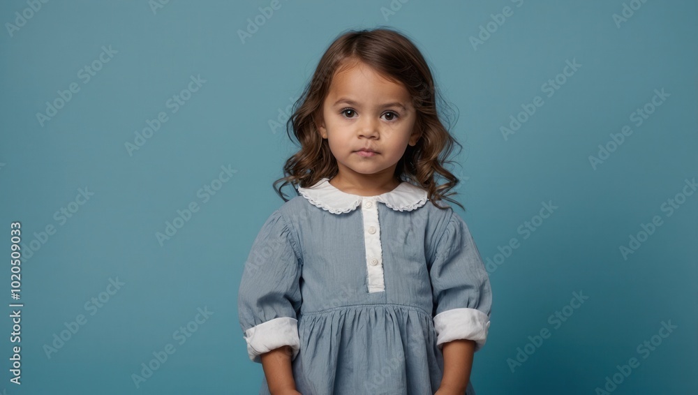 Young girl with long brown hair and neutral expression wearing light-colored dress with collar, looking directly at camera Young girl with long brown hair and neutral expression wearing light-colored dress with collar, looking directly at camera