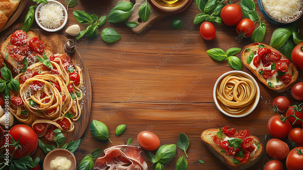 A vibrant arrangement of fresh ingredients showcasing pasta, tomatoes, basil, and cheese on a wooden table. A vibrant arrangement of fresh ingredients showcasing pasta, tomatoes, basil, and cheese on a wooden table.