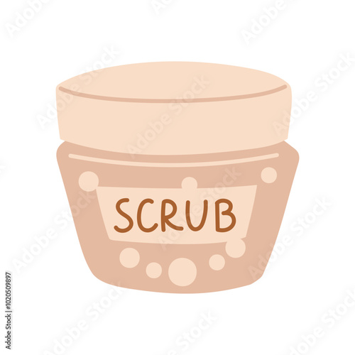 jar of beige round body scrub. Flat illustration of exfoliating cosmetics, strobing, anti-cellulite, packaging of cosmetic or medical products. form with name and bubbles. Insulated item for bathroom