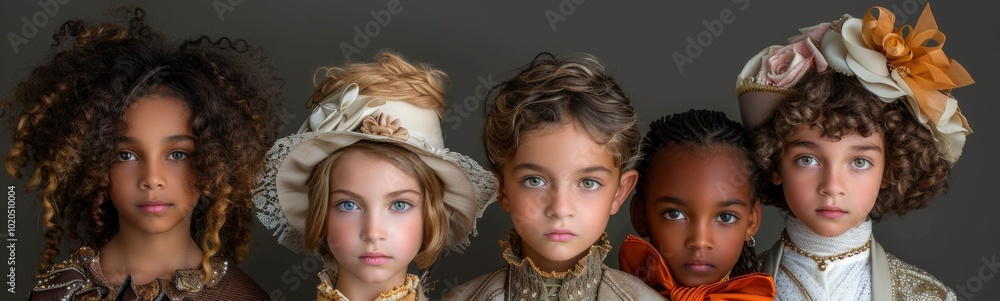 Several children wearing fancy clothing and hats are posing for a picture