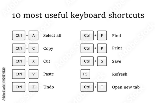 Keyboard combination shortcut infographics. Useful system hotkeys for basic computer skills.