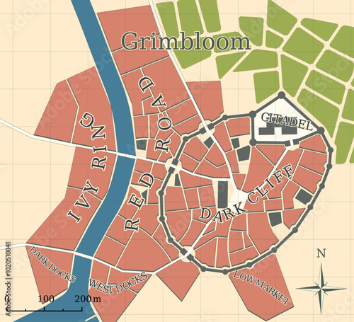 Medieval town imaginary vector map. Old style fantasy setting map for novels or role playing games.