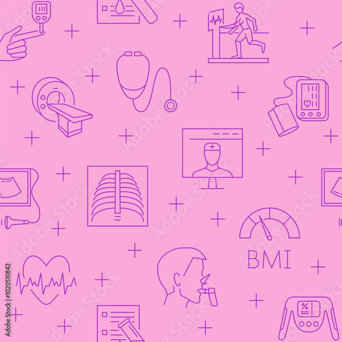 Medical checkup line seamless pattern. Medicine background, health check-up symbols. Vector illustration.