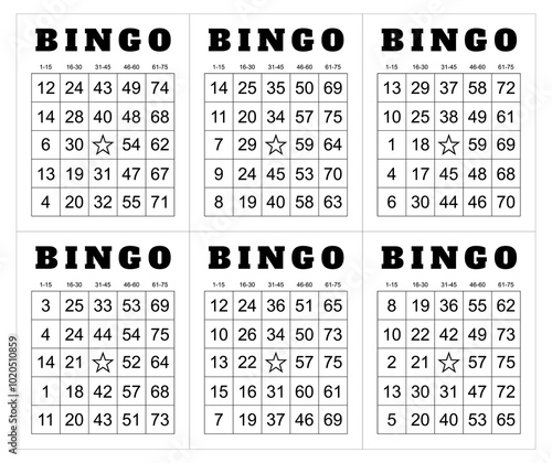 Bingo card random numbers printable template set. Vector illustration simple bingo card design.