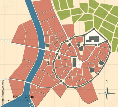 Medieval town imaginary vector map. Old style fantasy setting map for novels or role playing games.