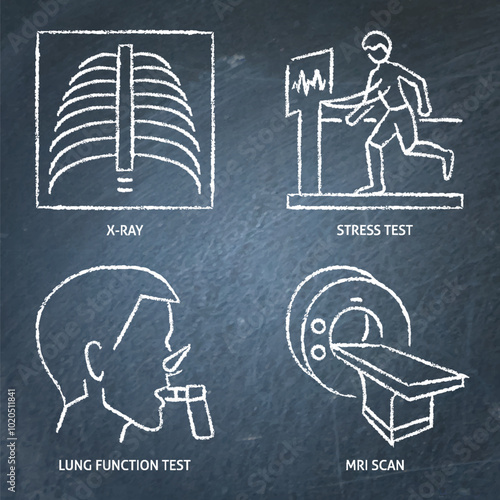 Health check-up chalkboard icon set. X-ray image, exercise stress test, lung function test, MRI scanner symbols. Vector illustration