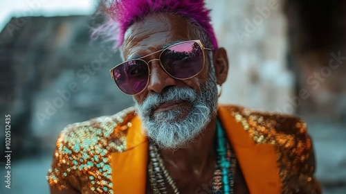 An elderly man with bright purple hair, stylish sunglasses, and a sequined gold jacket smiles warmly against a blurred outdoor backdrop, exuding timeless charm.