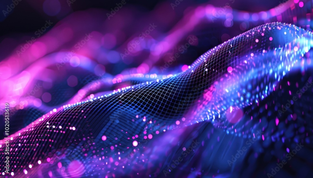 Abstract Wavy Grid with Purple and Blue Glow and Bokeh Lights Abstract Wavy Grid with Purple and Blue Glow and Bokeh Lights