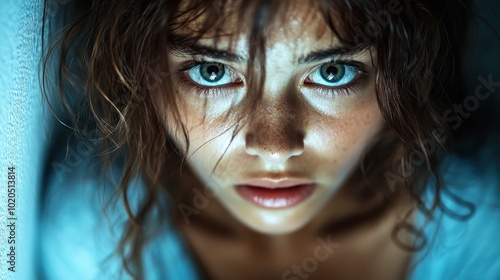 A captivating portrait of a woman with striking blue eyes and soft expression, highlighted under gentle lighting, depicting calmness and introspection.