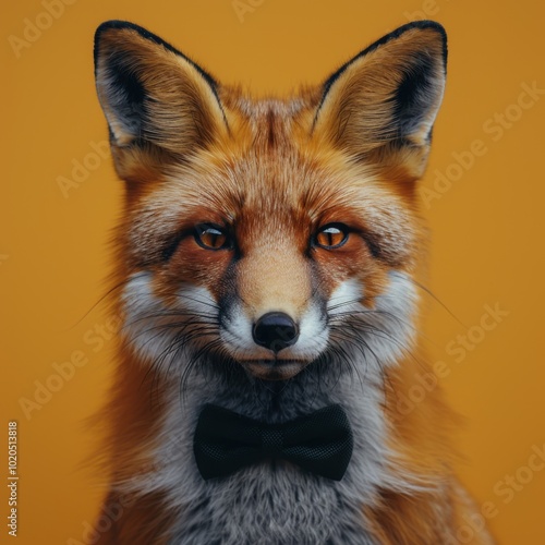 Close up of a fox wearing a bow tie, animal background