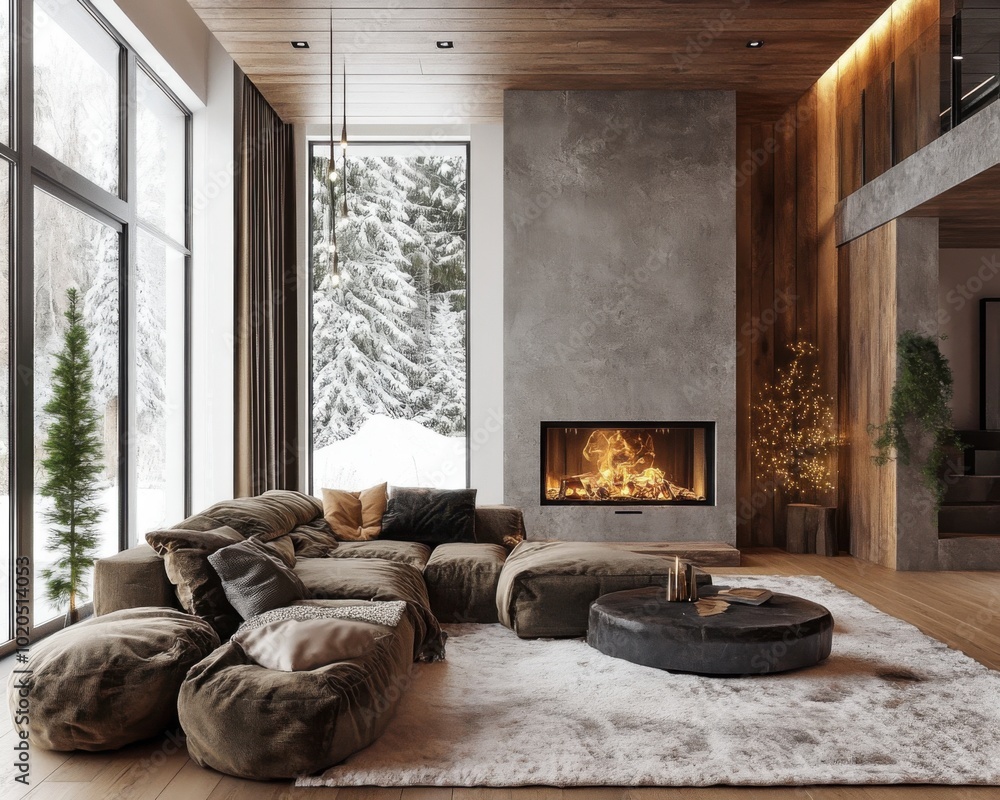 Fototapeta premium Modern minimalist living room interior with panoramic windows and fireplace. Winter landscape