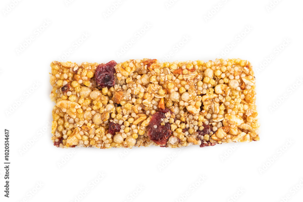 Granola bar with, caramel, nuts, flakes isolated on white. Top view, close up.
