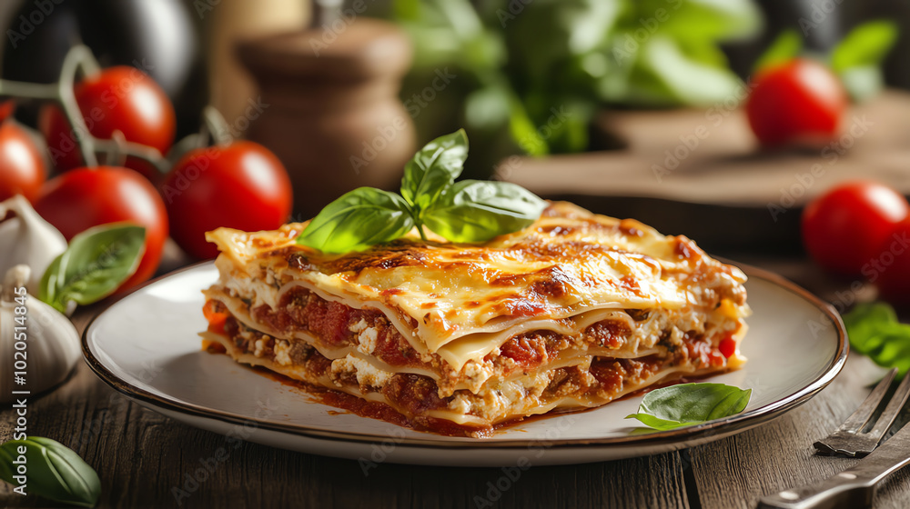 Delicious homemade lasagna garnished with basil, surrounded by fresh tomatoes and garlic on a rustic wooden table. Delicious homemade lasagna garnished with basil, surrounded by fresh tomatoes and garlic on a rustic wooden table.