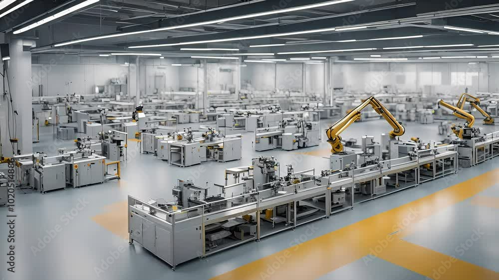 Smart manufacturing facility with robotic assembly lines, AI-driven quality control, and efficient production processes Smart manufacturing facility with robotic assembly lines, AI-driven quality control, and efficient production processes