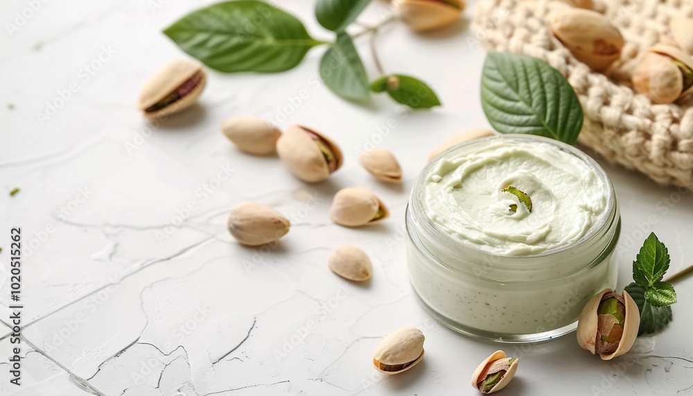 Delicious pistachio cream in a jar and nuts on a white tiled table, close-up. Space for text. Illustration of healthy food. Delicious pistachio cream in a jar and nuts on a white tiled table, close-up. Space for text. Illustration of healthy food.