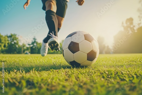 Footballer Kicking Ball on Grass Field, Classic Soccer Ball, Soccer Football Background photo