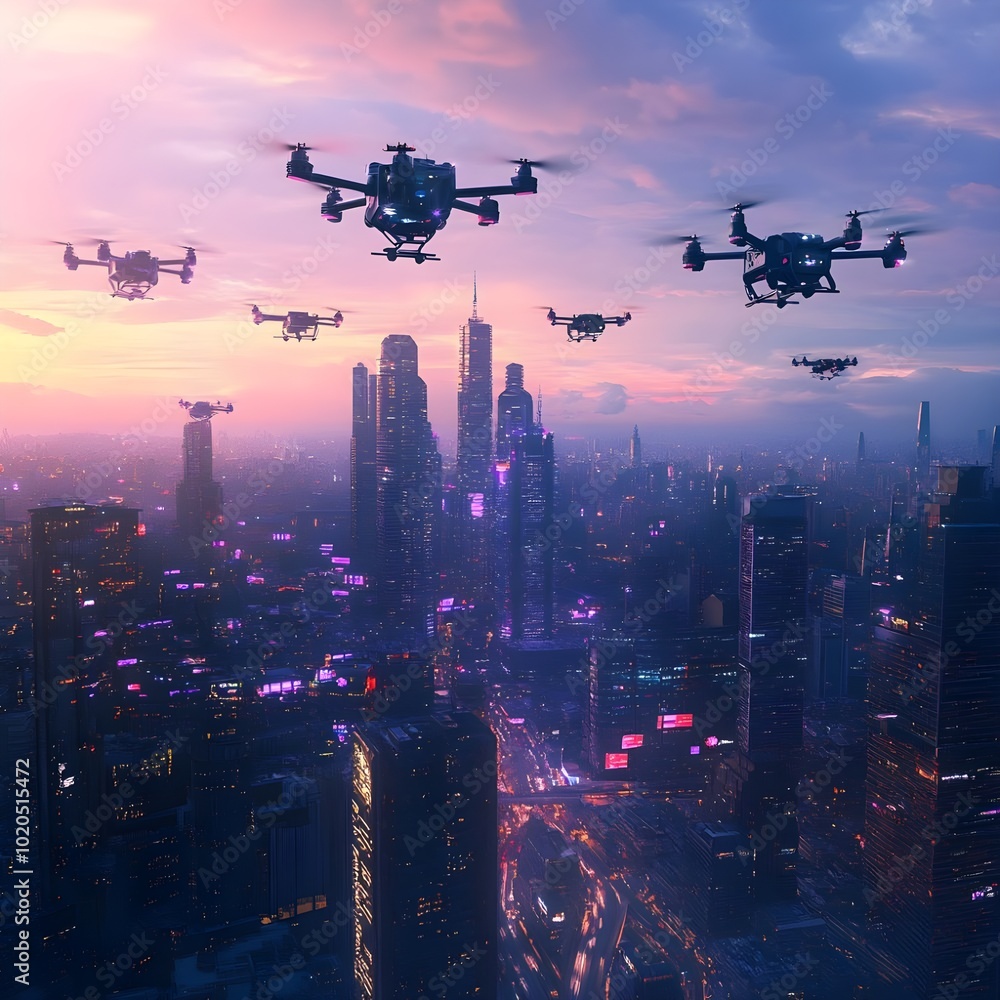 Futuristic city skyline with flying drones monitoring business operations,Generative AI Futuristic city skyline with flying drones monitoring business operations,Generative AI