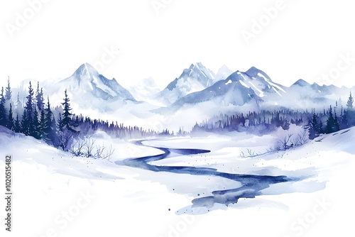 A serene winter landscape featuring snow-covered mountains, a calm river, and evergreen trees under a soft, cloudy sky.