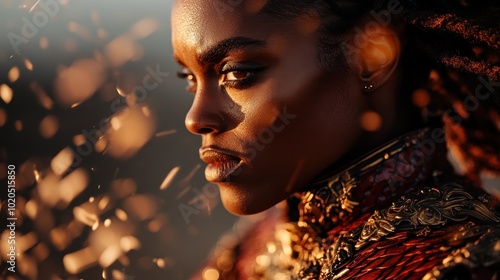 Captured in golden light, a woman in decorative armor displaying fierce determination. Emanating strength and courage, she is ready for epic challenges ahead. photo